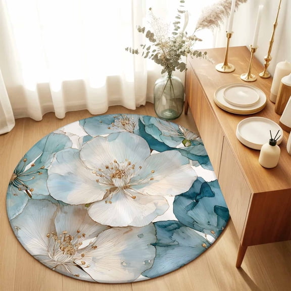 Round Rugs 3Ft, White Teal Cherry Blossom Round Area Rug Washable Indoor Throw Carpet, Spring Summer Flowers Watercolor Small Non Slip Circle Rug for Bedroom Living Room Home Decor Aesthetic