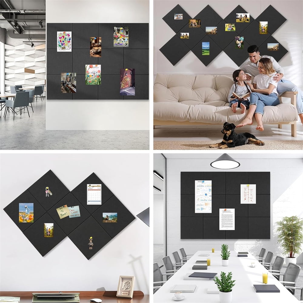 Yahome 12Pcs Black Large Cork Board Each 12 Inch Felt Bulletin Boards with Safe Removable Adhesive Tabs and Push Pins Easy to Install Cork Boards Felt Board