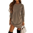 thumbnail image 3 of safuny Women's Mini Loose Dress Solid Fashion Autumn Dress Holiday Retro Long Sleeve Winter Round Neck Pleated Elegant Leisure Coffee XL, 3 of 7