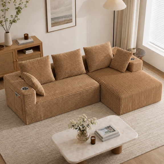 LLappuil 95" Sectional Sofa, Modular Sectional Couch with Left Chaise, Cup Holders, Side Pocket, Corduroy Boneless Sofa Couch for Living Room