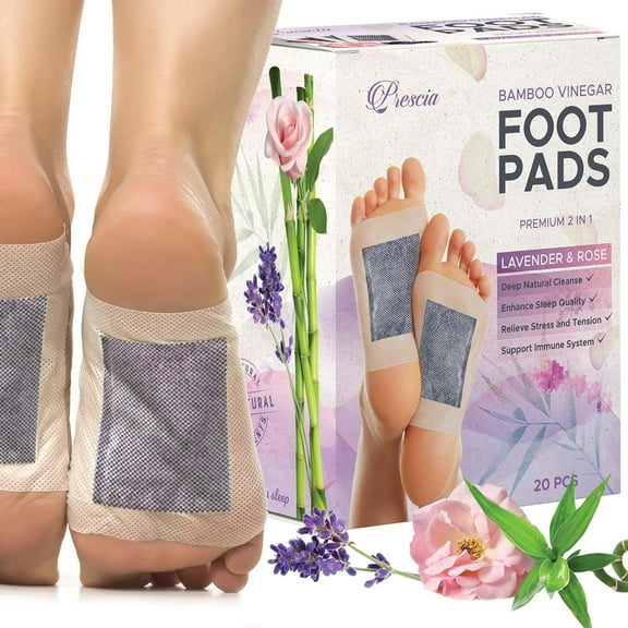 Prescia Cleansing Foot Pads (20) - Stress Relief, Energy Support - All Natural Organic 2 in 1 Cleansing Bamboo Vinegar Foot Care - Lavender n' Rose