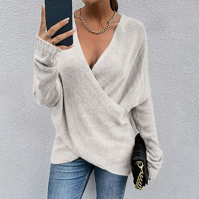 RKSTN Sweaters for Women Fashion Solid Color Long Sleeve Pullove V-Neck Shirt Sweater Tops Fall Sweaters