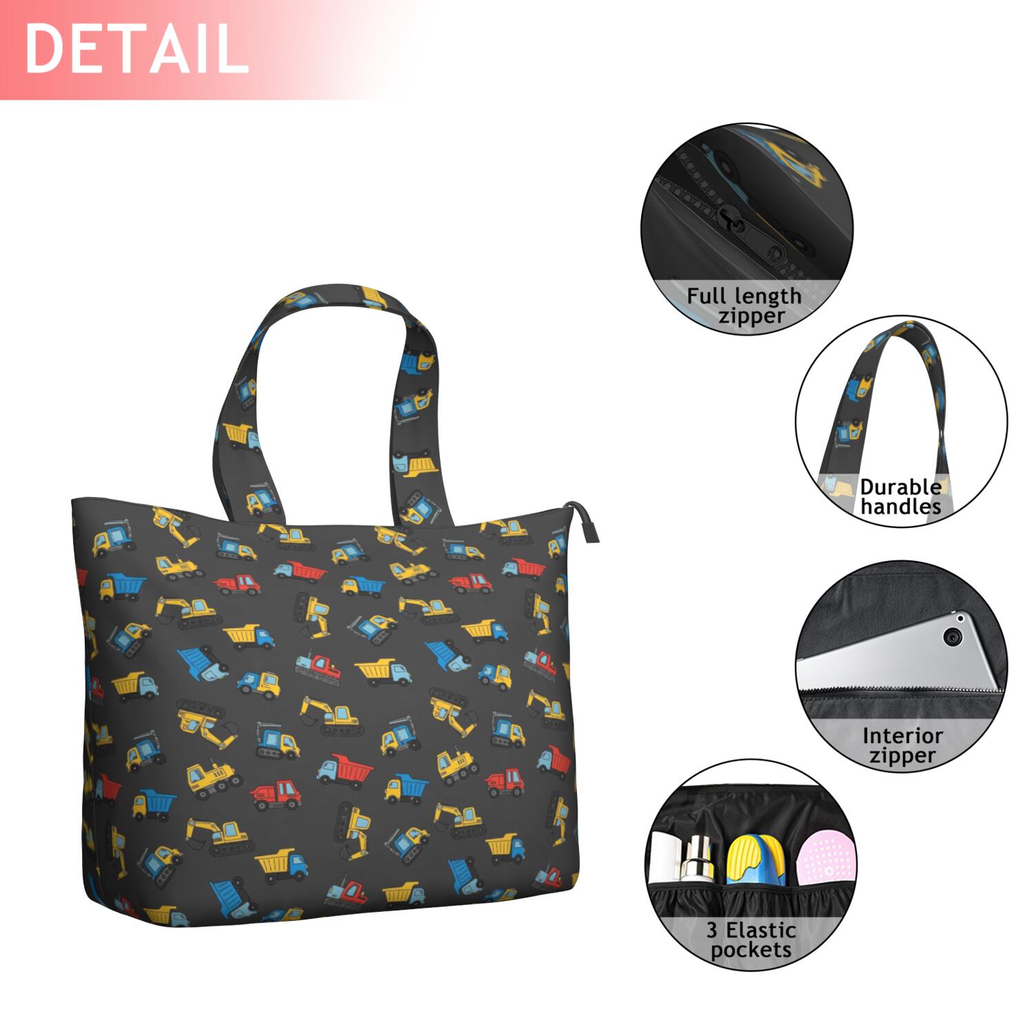 Cartoon Construction Vehicles Trucks Travel Tote Bags for Women Carry On,Large Weekender Bags for Women Travel,Multi Functional Duffle Bag for Work,Shopping,Sports