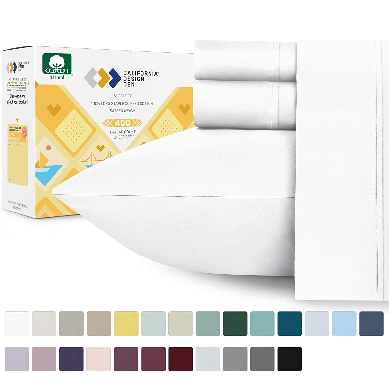 400-Thread-Count 100% Cotton Sheet Pure White Queen-Sheets Set, 4 ...