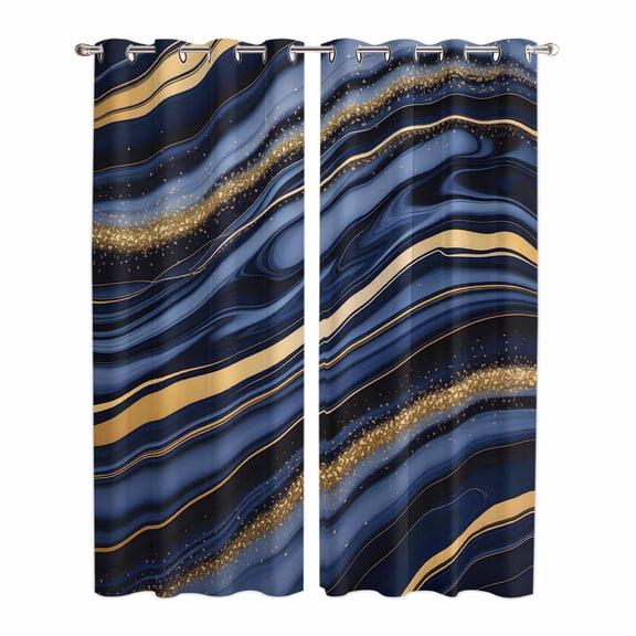 Marble Kitchen Curtains 96 Inch Length, Navy Blue Modern Abstract Gold Gradual Art Grommet Top Bedroom Living Room Curtains, Light Filtering Cafe Curtain Drapes 2 Panels Set 104''x96''