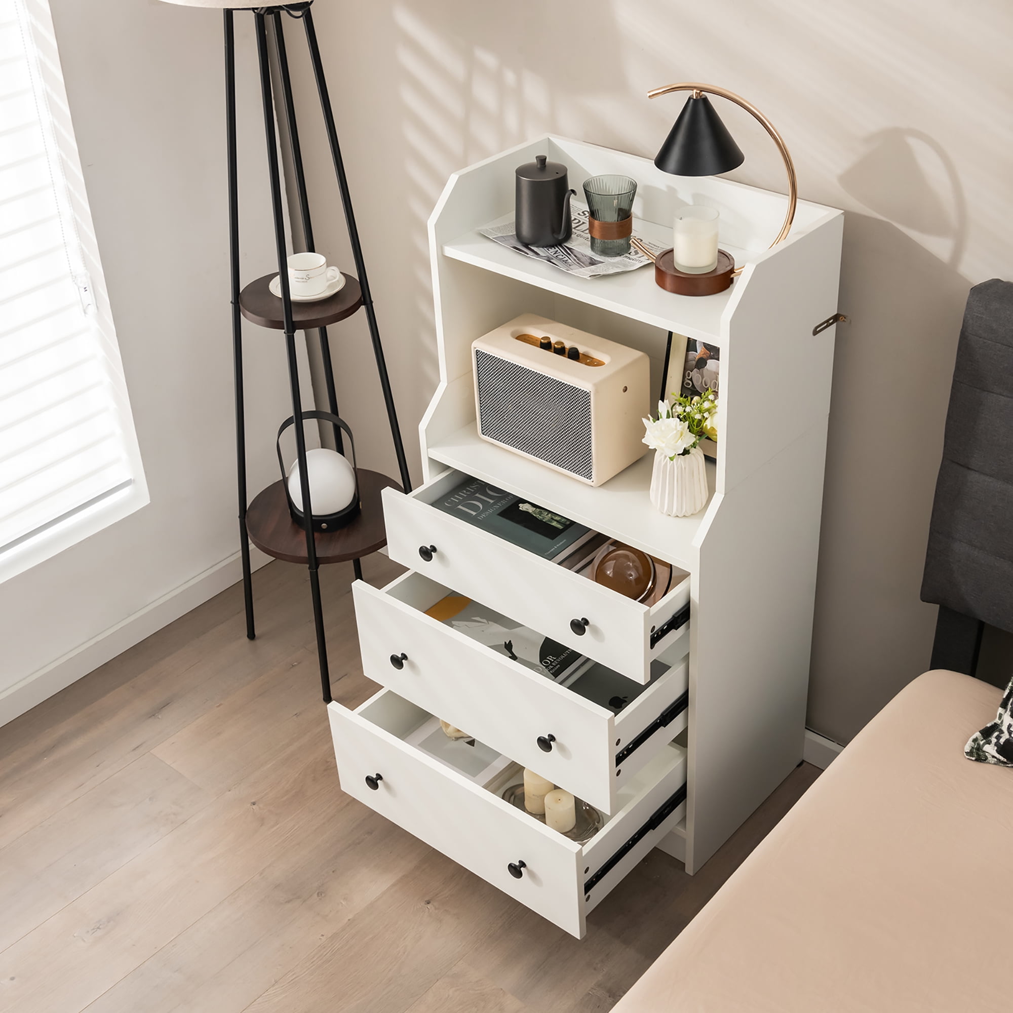 Gymax 3-Drawer Dresser 44'' Tall Wood Storage Organizer Chest w/ 2 Open Shelves White