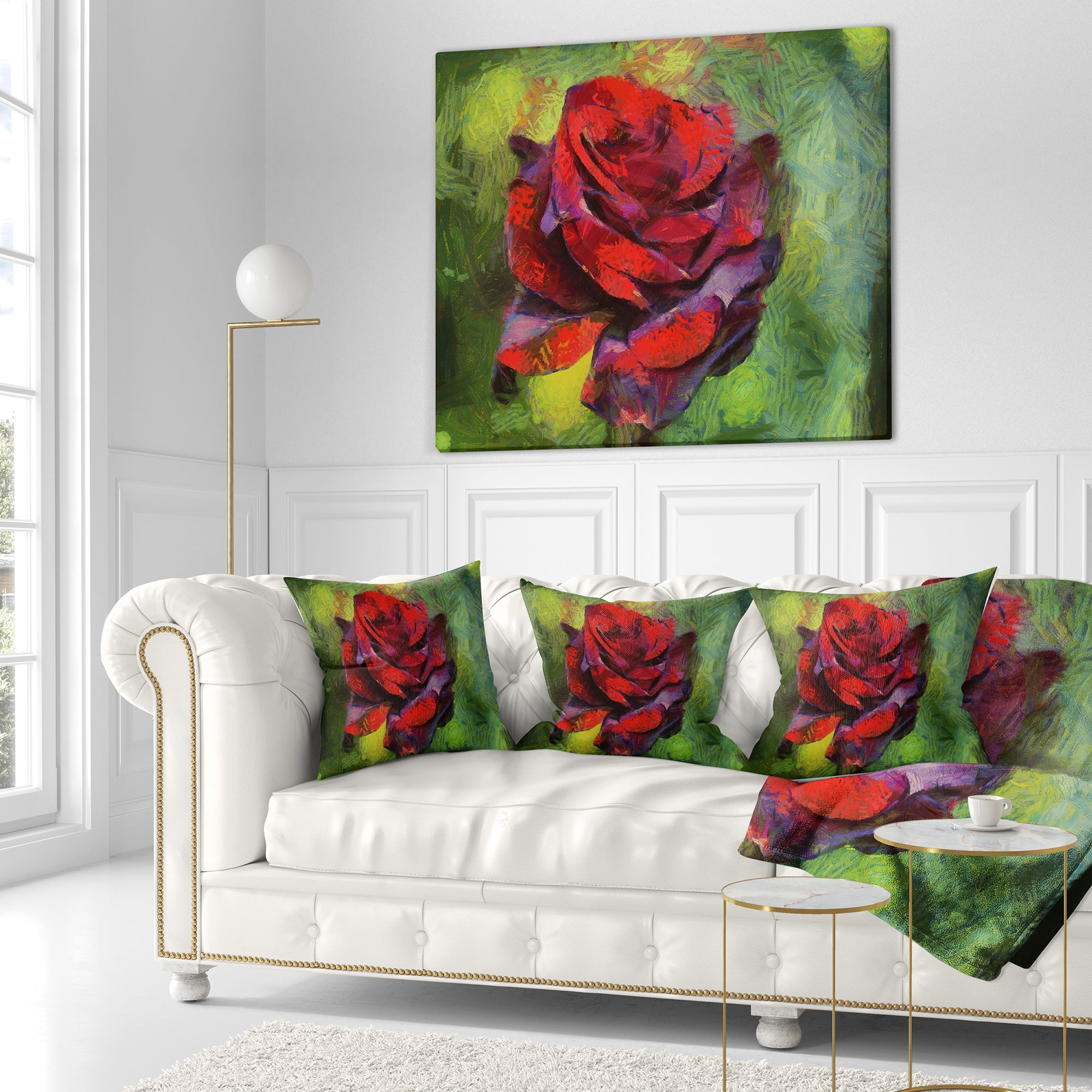 Designart Red Rose Illustration on Green - Floral Throw Pillow - 16x16