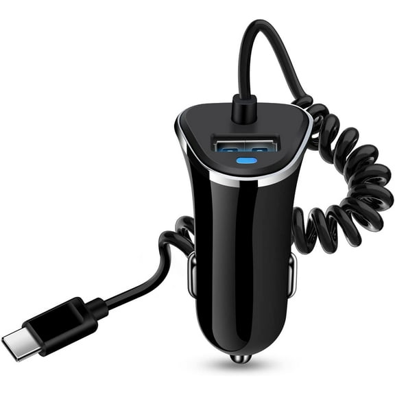 mistyhony 3.4A USB C Fast Car Charger with 3Ft Coiled Cable, Dual Port Cigarette Lighter Adapter for Samsung Galaxy S25/S24/S23/A35/Z Fold/Flip, Google Pixel, Moto & USB-C Devices
