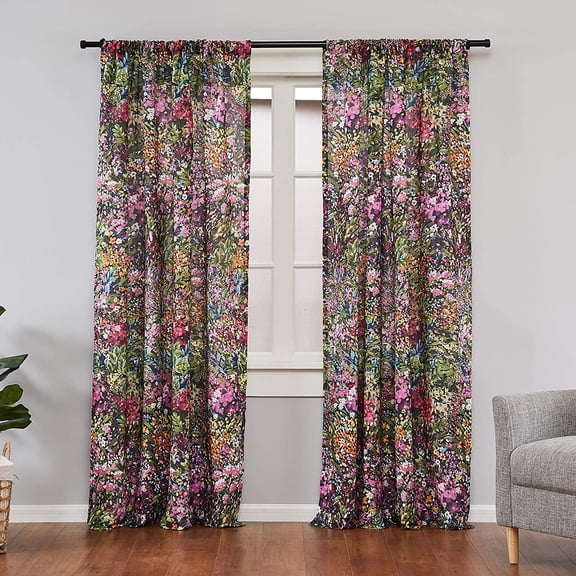 Levtex Home - Basel - Drape Panel/Curtain (55x84in.) with Rod Pocket - Boho Floral in Orange Teal Red Blue - Orange, Teal, Red and Blue