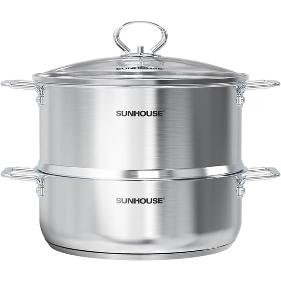 SUNHOUSE 2-Tier Stainless Steel Steamer Pot with Lid - Larger 5.5 QT Steamer & 3.8 QT Stockpot Base - Induction Ready, Compatible with All Cooktops - Multipurpose for Vegetables & Dumplings