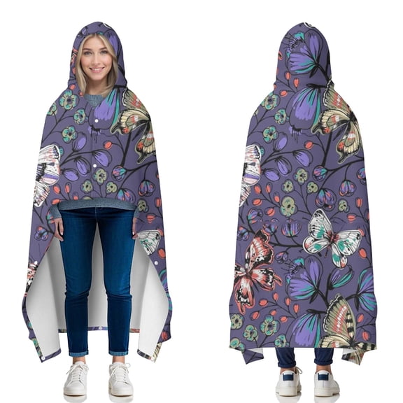 Wearable Blanket,Blue Butterfly Floral Leaf Purple Pattern Hooded Wearable Flannel Blanket for Adults & Teens with Buckle,Winter Poncho Shawl Wrap Cape,50"x60"