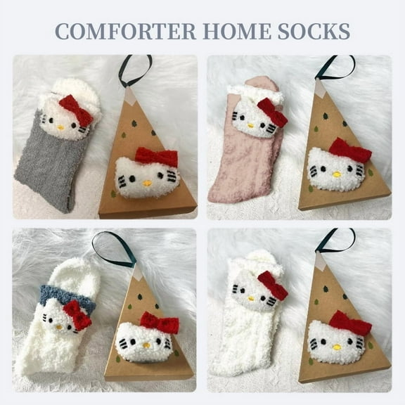 Kitty Fuzzy Socks with Gift Box – 4 Pairs 3D Cute Kitty Coral Fleece Winter Socks for Women Girls Kids, Cozy Plush Warm Holiday Socks, Soft Fluffy Kitty Socks