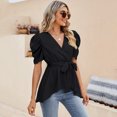 thumbnail image 3 of Yesfashion Women Dressy Deep V Neck Belted Tie Peplum Tops Empire Waist Wrap Blouse Puff Short Sleeve Shirt, 3 of 5