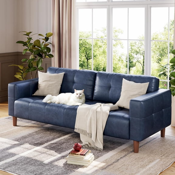 3-Seater Sofa Couch, 83 in Wide Faux Leather Sofa Couch with Spring Cushion, Modern Sofa with Deep Seats and 2 Removable Back Cushions, for Living Room, Bedroom, Apartment, Office, Blue