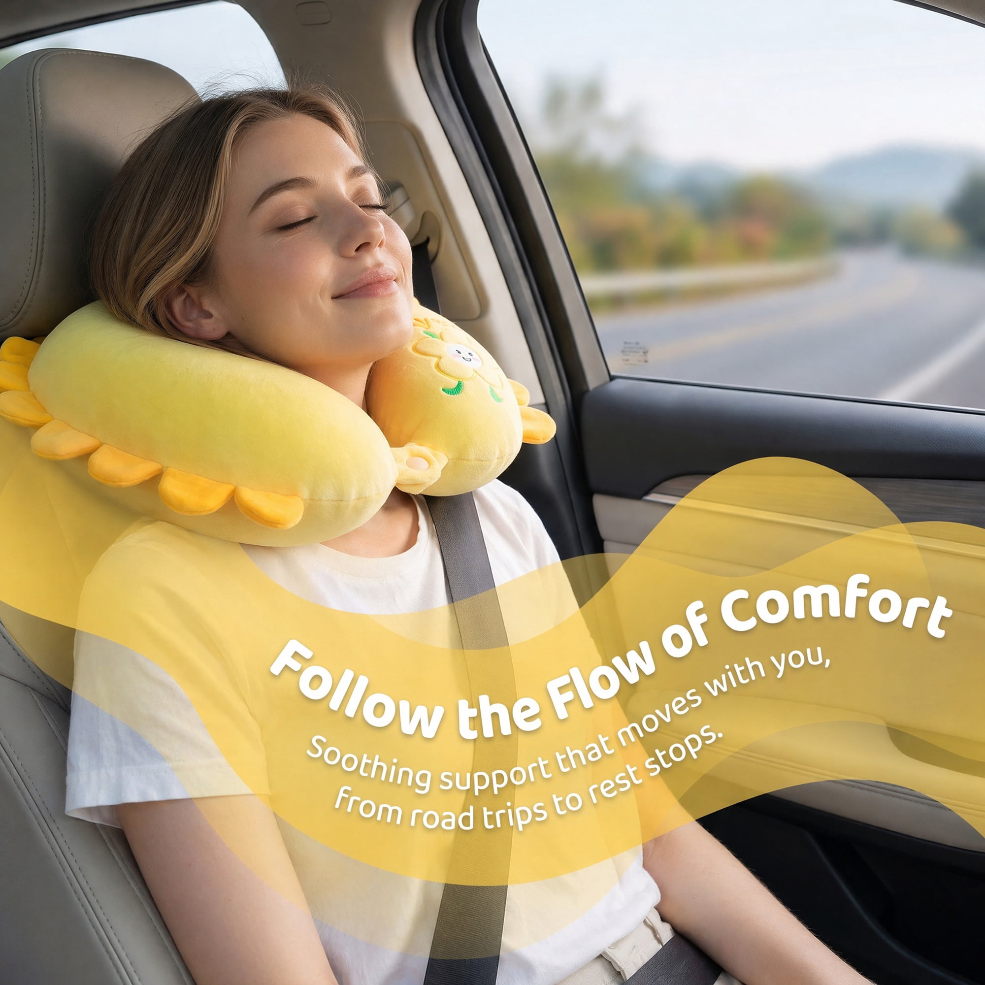 Unique Bargains Memory Foam Neck Pillow U Shape Sunflower Neck Pillow Yellow 12"x12"