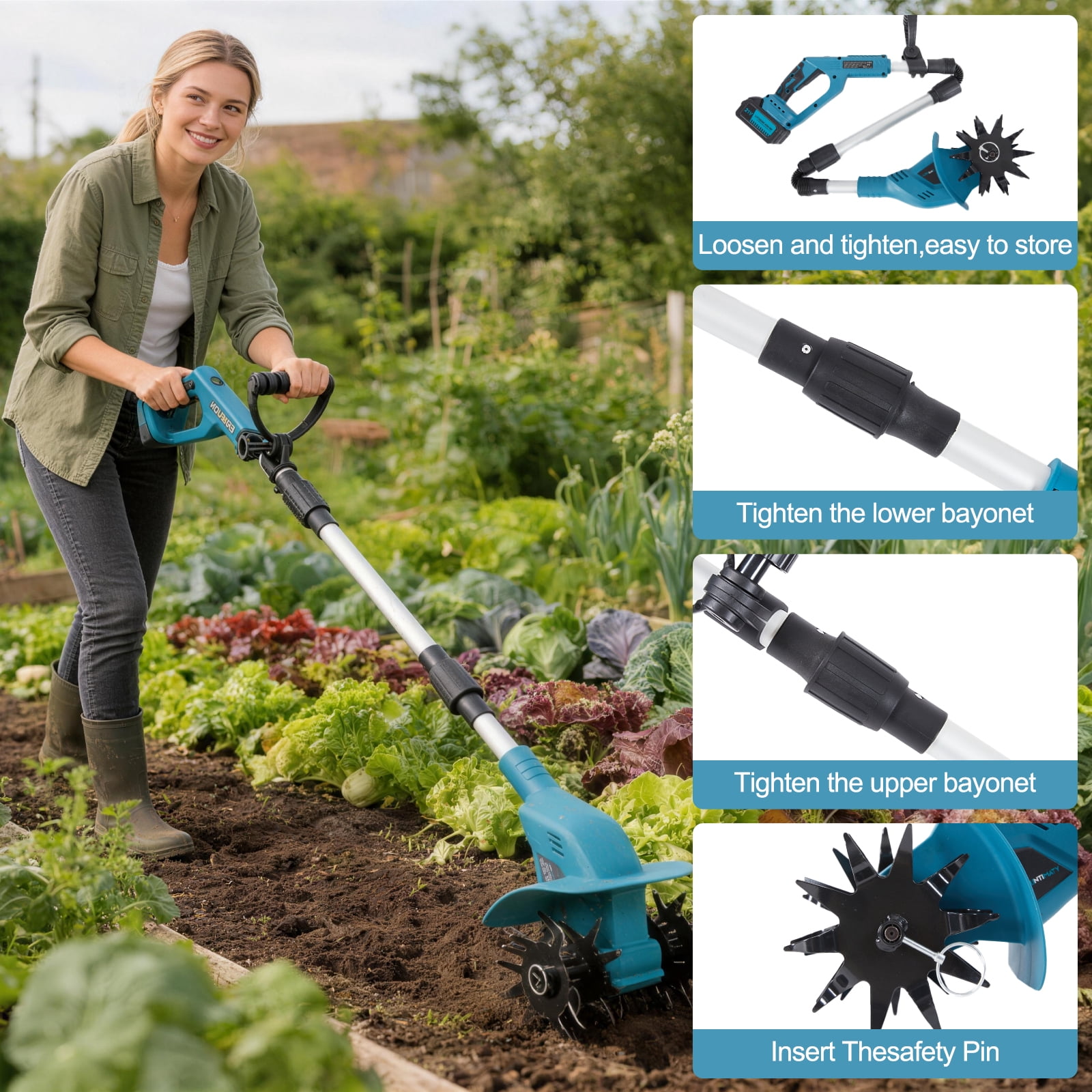 Lznioz Cordless Tiller Cultivator, 21V Electric Garden Tiller with Dual 4.0Ah Batteries, Lightweight Rototiller for Garden Lawn Yard Soil Cultivating