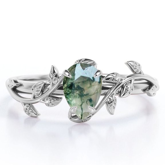 JeenMata Botanical Design - 1 Carat Pear Cut Druzy Scenic Moss Green Agate - 4 Prong Engagement Ring - 18K White Gold Plating over Silver