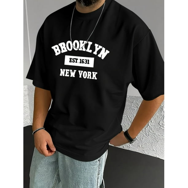Brooklyn New York EST. 1631 Graphic Print T-Shirt for Men - Polyester Blend Casual Crew Neck Tee with Slight Stretch, Summer Knit Fabric Top by