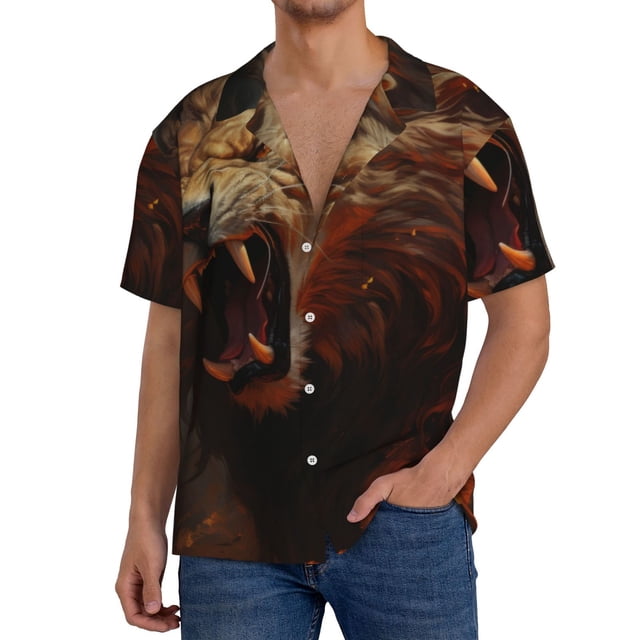 Balery Cool Flame Lion A Camisa Casual de Manga Corta con Botones para Hombre, Texturizada, Estilo Cubano, para Playa, Verano-X-Large