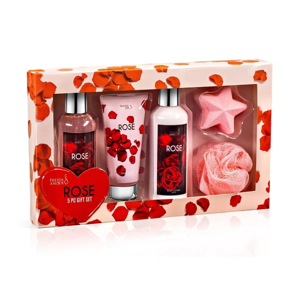 Rose Spa Gift Box for Women, 5 Piece Bath and Body Gift Set with Shower Gel, Body Lotion, Body Scrub, Bath Bomb and Sponge, Self Care Gift for Mom, Mother’s Day, Birthday