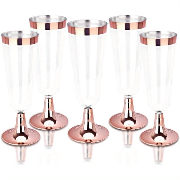 10 Pcs 5 Oz Plastic Champagne Flutes with Rose Gold Rim, Premium Disposable Champagne Glasses Perfect for Mother's Day, Weddings, Parties and Events