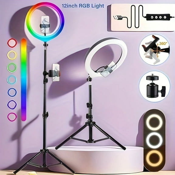 ZOMEI 12" RGB Ring Light with 43" Stand & Phone/iPad Holder, 53 Modes for Vlog/Photo/Video