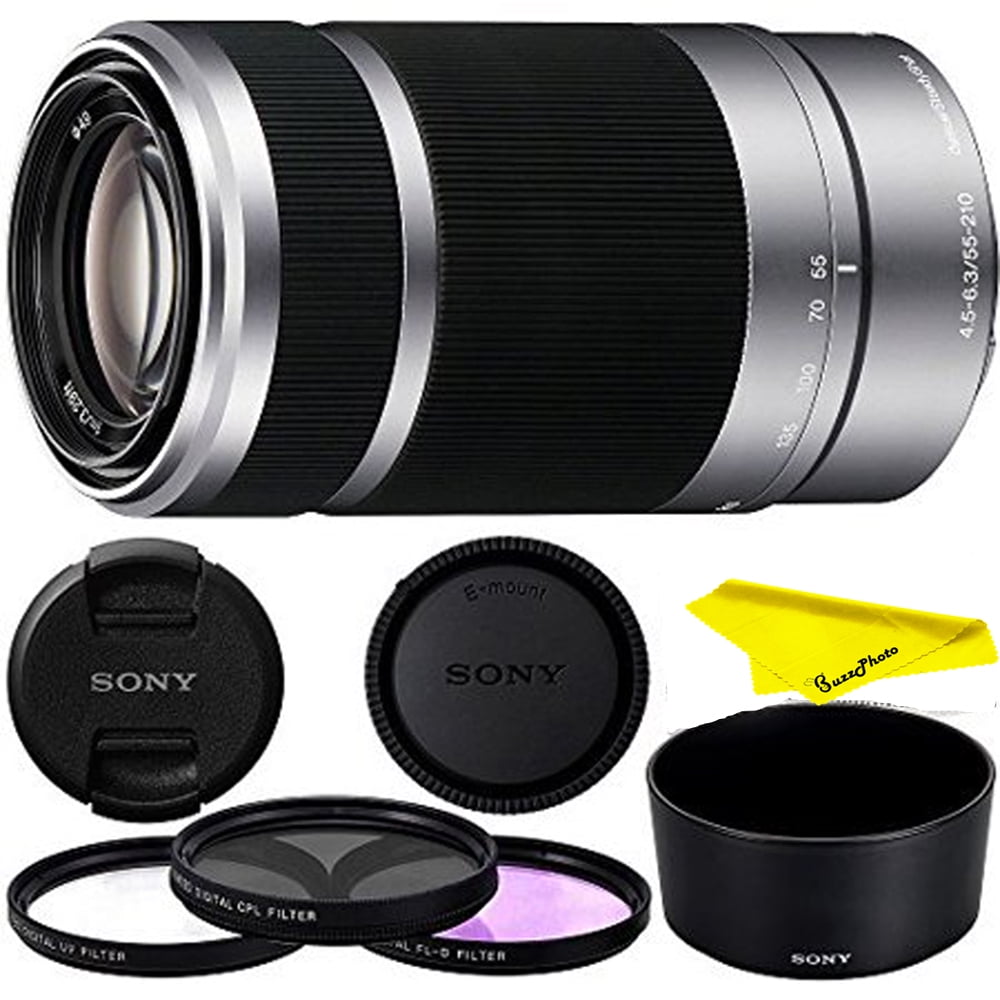 Sony E 55-210mm f/4.5-6.3 OSS E-Mount Lens (Silver) (White Box) with 3 Piece Filter Kit (UV+CPL+FLD) & Microfiber Cleaning Cloth - SEL55210