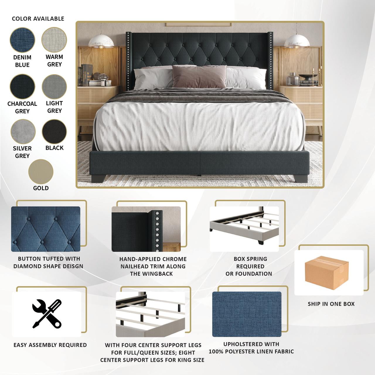 Castle Place Nailhead Trim Wingback Upholstered Bed, Silver Grey Velvet, Twin