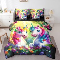 Castle Fairy Female Men Women Gradient Unicorn Twin Bedding Sets 7-Piece,Flower Butterflies Bedding Comforter Set Microfiber,Spring Garden Breathable Sheet Sets,Super Cozy Room Decor,Reversible