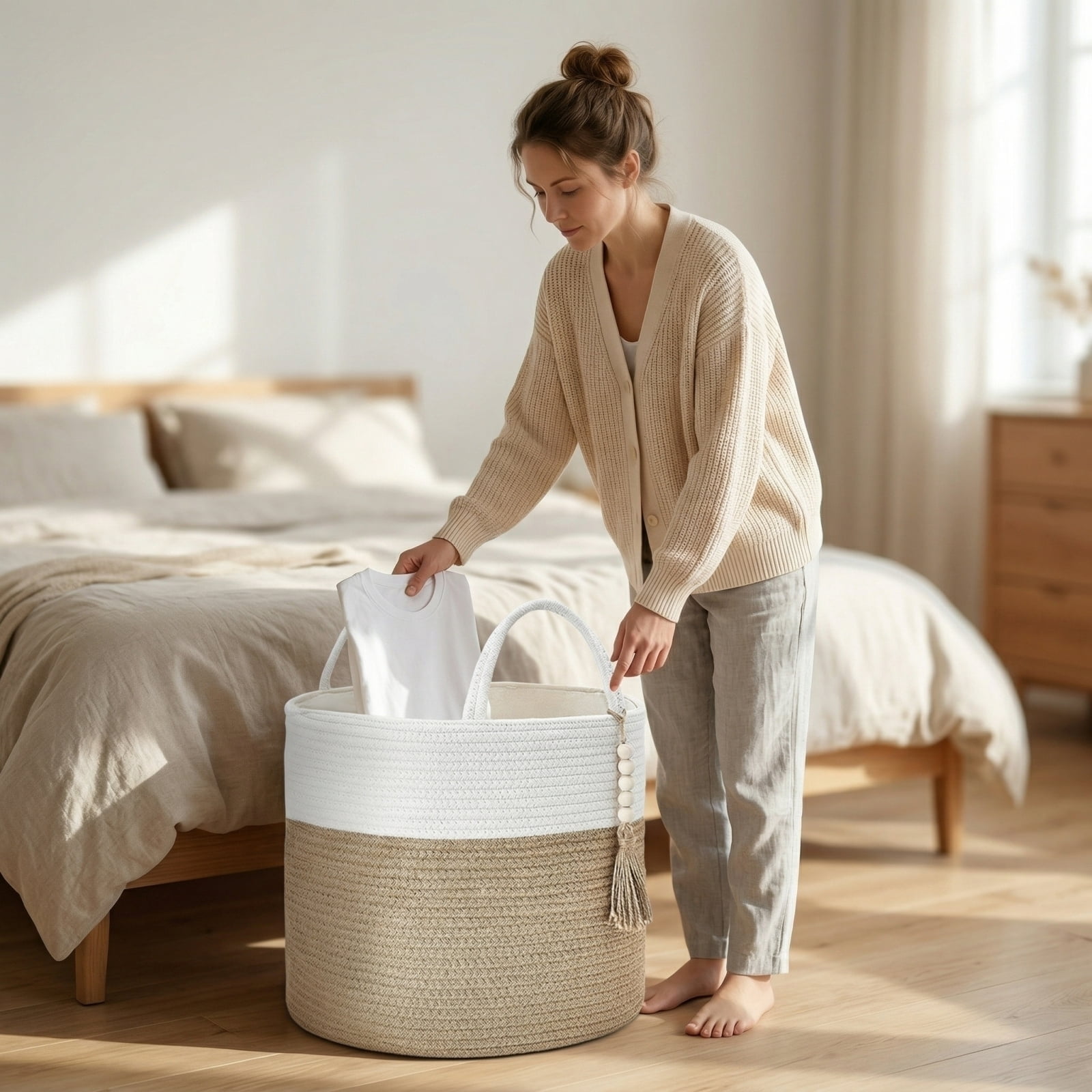 Cotton Rope Woven Laundry Basket, Dirty Clothes Storage Hamper, Decorative Straw Weaving Organizer Bin, Household Storage for Living Room and Bedroom