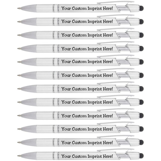 Personalized Pens with Stylus - The Legacy - custom Metallic Printed Name Pens with Black Ink - Imprinted with Logo or Message - great gift Ideas - FREE PERSONALIZATION 12 pcspack (Silver)