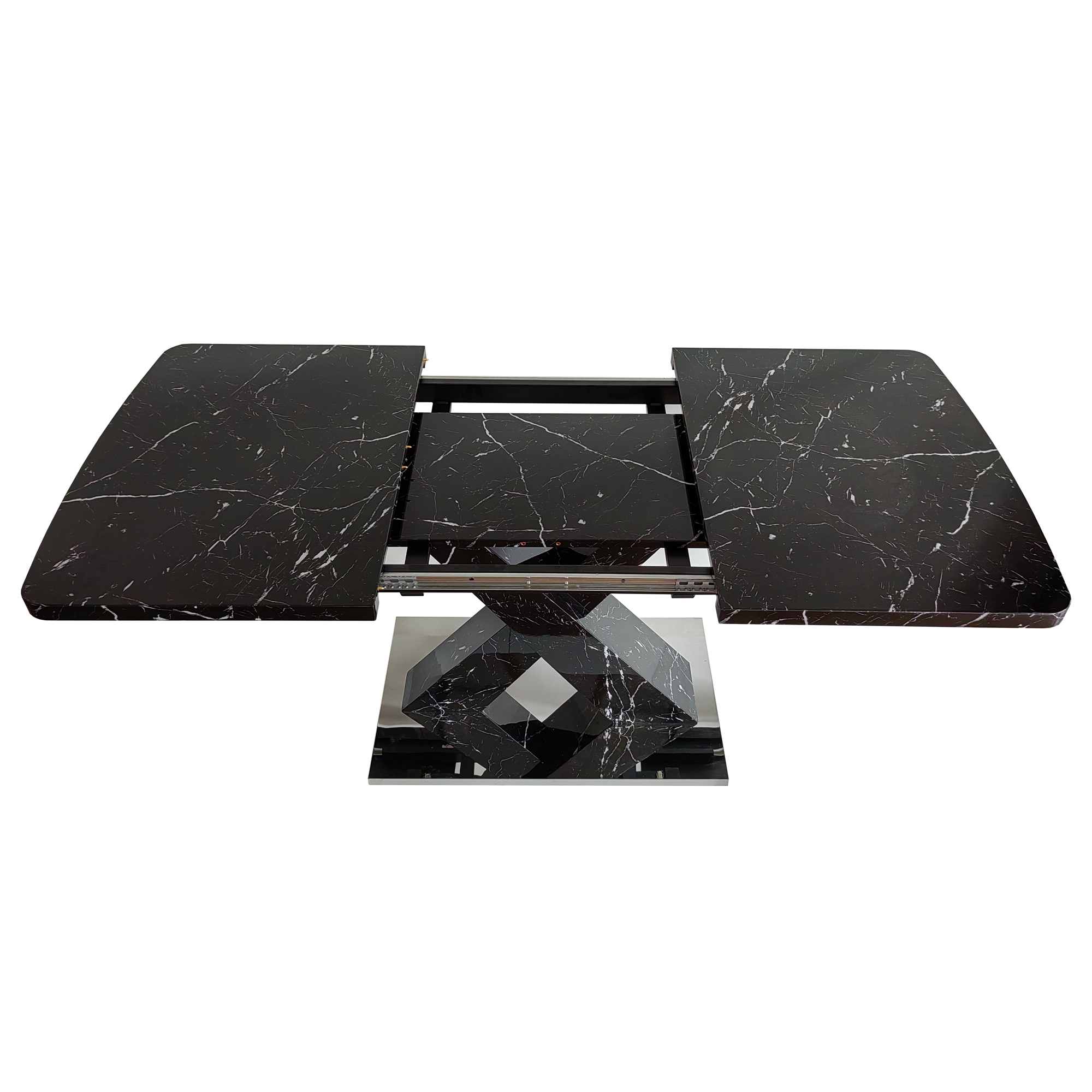Stretchable Dining Table, Modern Square Dining Table, Black Marble Table Top+MDF X-Shape Table Leg with Metal Base