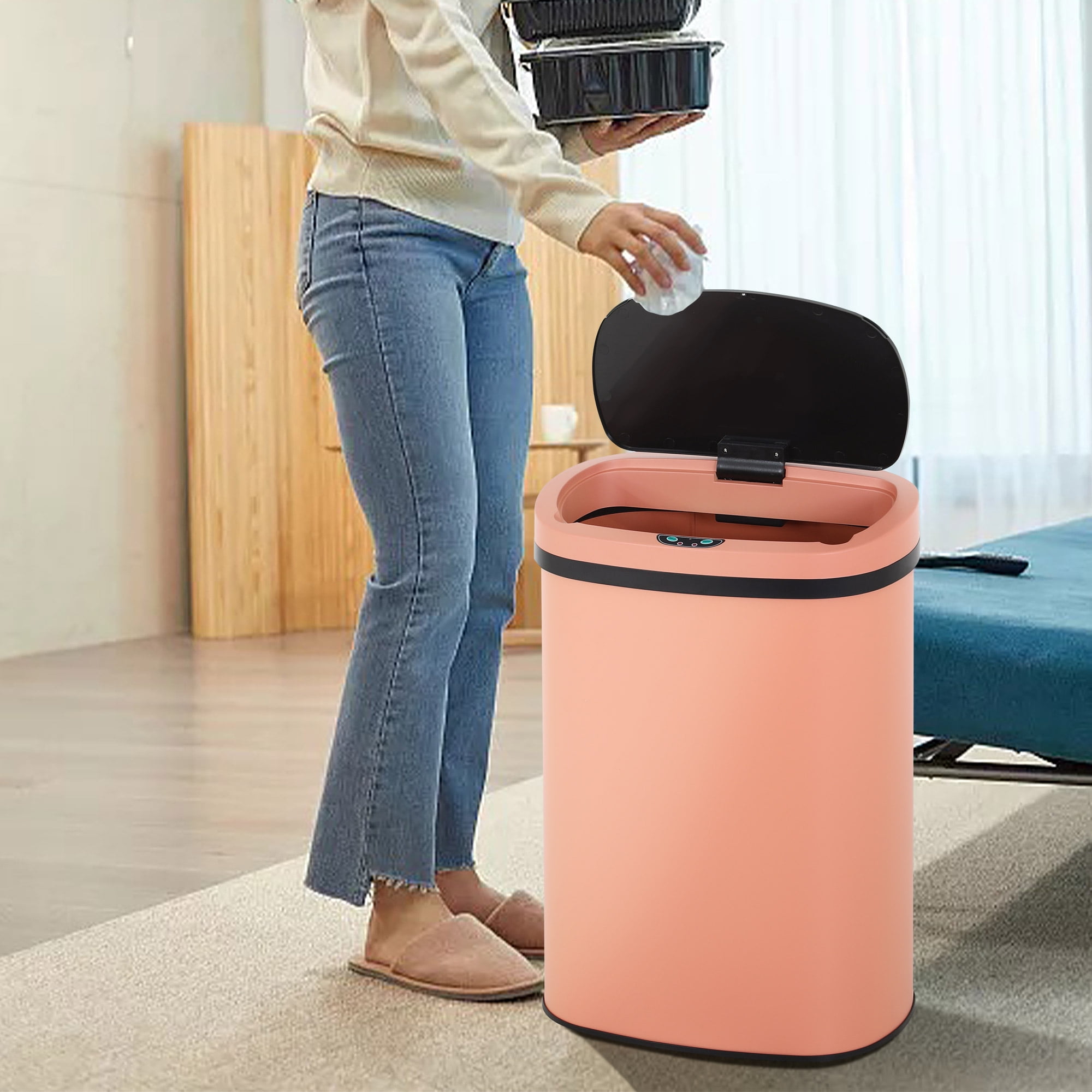 CL.HPAHKL 13 Gallon Kitchen Trash Can with Lid, Stainless Steel Oval Automatic Garbage Can for Home Office Bedroom Living Room Garage, Large Capacity Trash Bin Trashcan, Pink