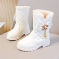 thumbnail image 5 of Girls Ankle Snow Boots Fleece Lined Bow Decor Faux Leather Snow Booties Kids Winter Warm Platform Boots White 12.5 Little Kids, 5 of 7