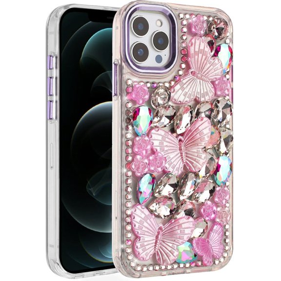 For iPhone 12 Pro Max 6.7 Lavished Floral Butterfly Bling Stones Hybrid Case - Purple