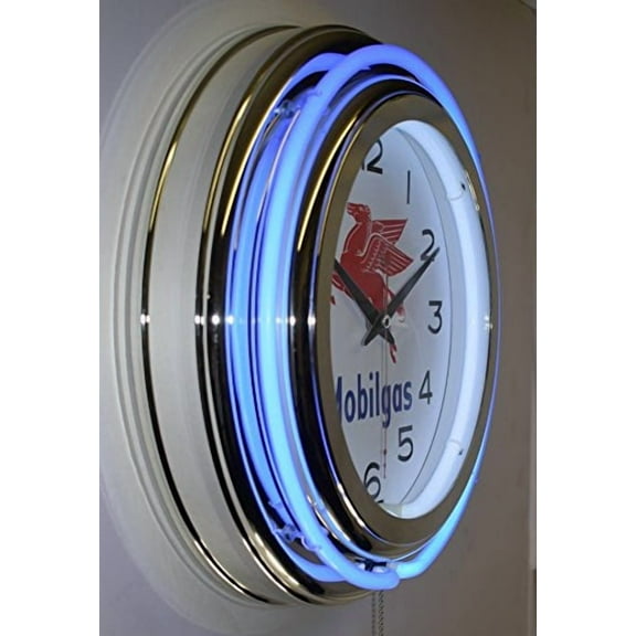 Mobilgas Blue Double Neon Advertising Clock Man Cave Garage Decor