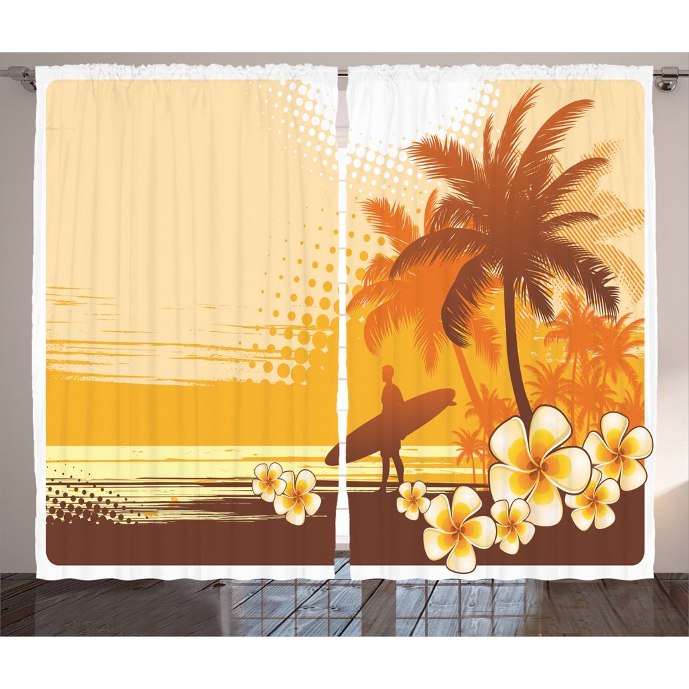 Surf Decor Curtains 2 Panels Set, Silhouette Of A Surfer And Tropical
