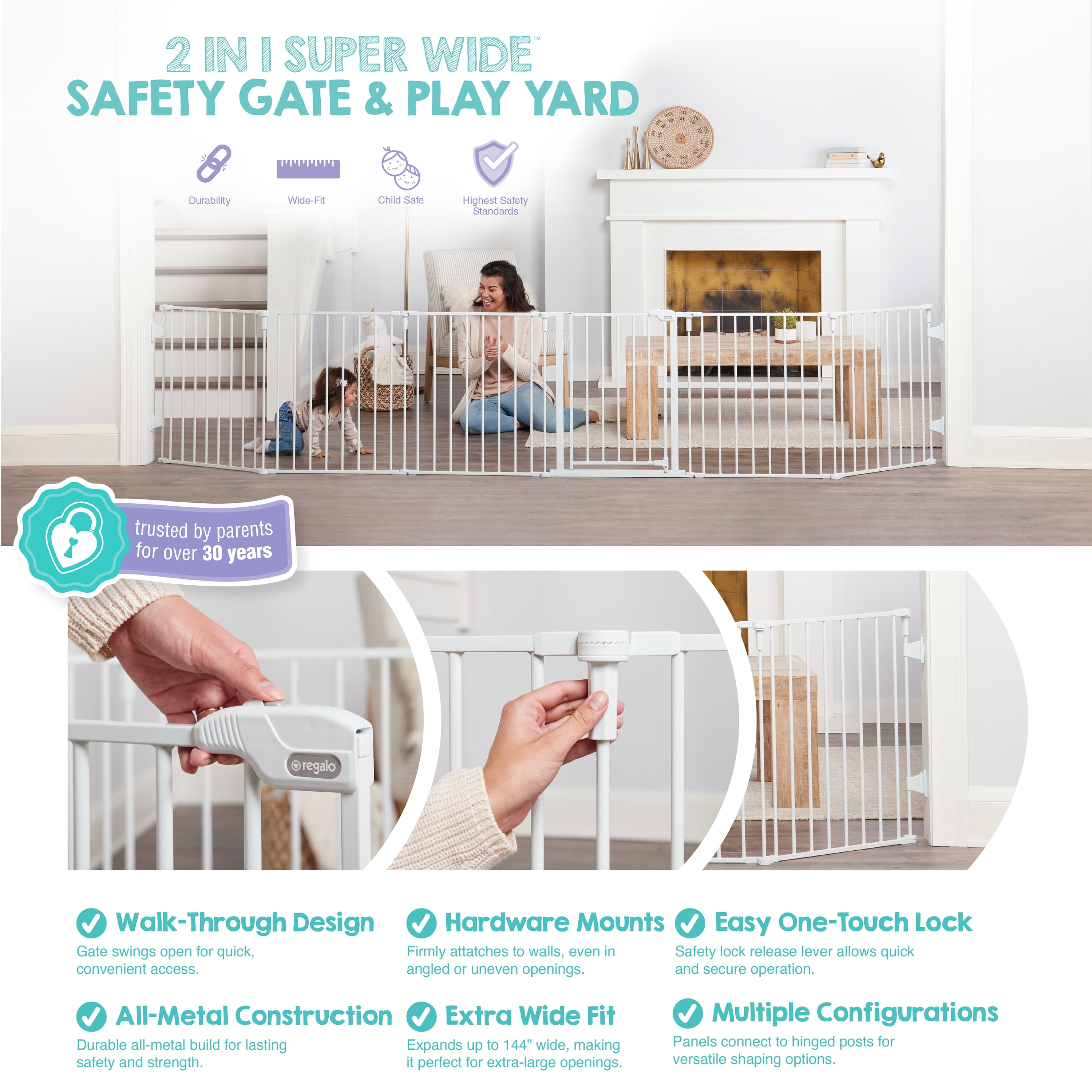 Regalo Super Wide Baby Gate and Play Yard, 56-144 in, White, Ages 6-24 Months