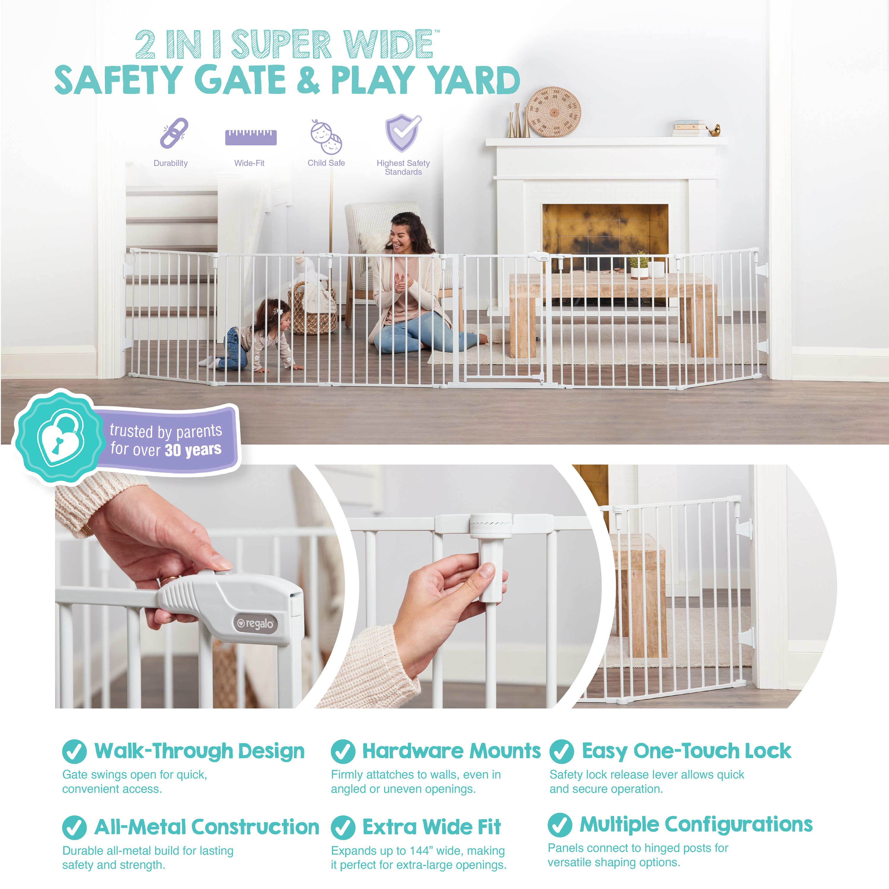 Regalo Super Wide Baby Gate and Play Yard, 56-144", White photo 6