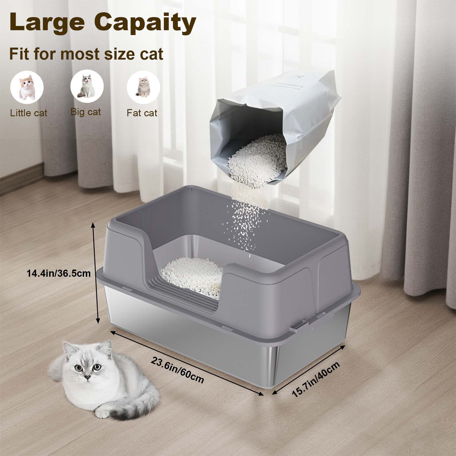 Stainless Steel Cat Litter Box with Lid – Leak-Proof & Scratch-Resistant Litter Box for Large Cats, Includes Anti-Slip Mat & Scoop, Easy to Clean