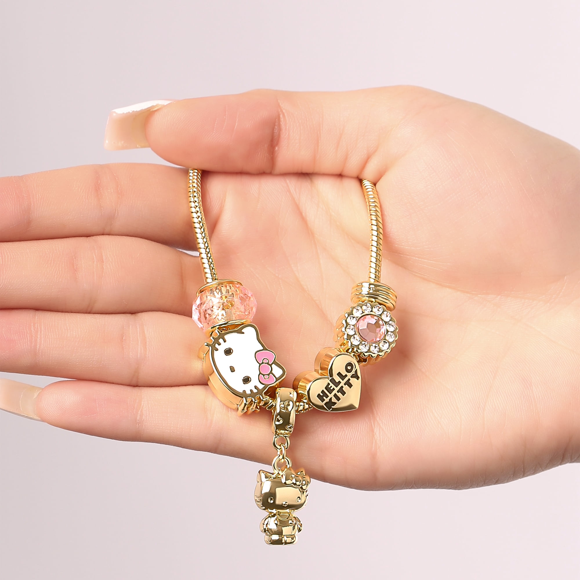 Sanrio Hello Kitty 7'' Fashion Charm Bead Bracelet with Pink and Gold Tone Enamel Beads