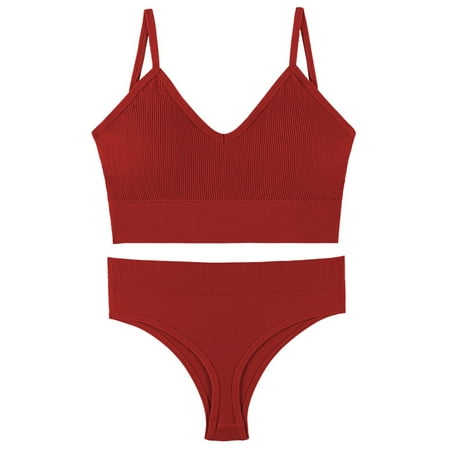 

Grianlook Women Bra Set Wide Shoulder Straps Bralette Full Coverage Bralettes Ladies Comfort Bras+Briefs Support Wirefree Wine Red M: 99-138 lb