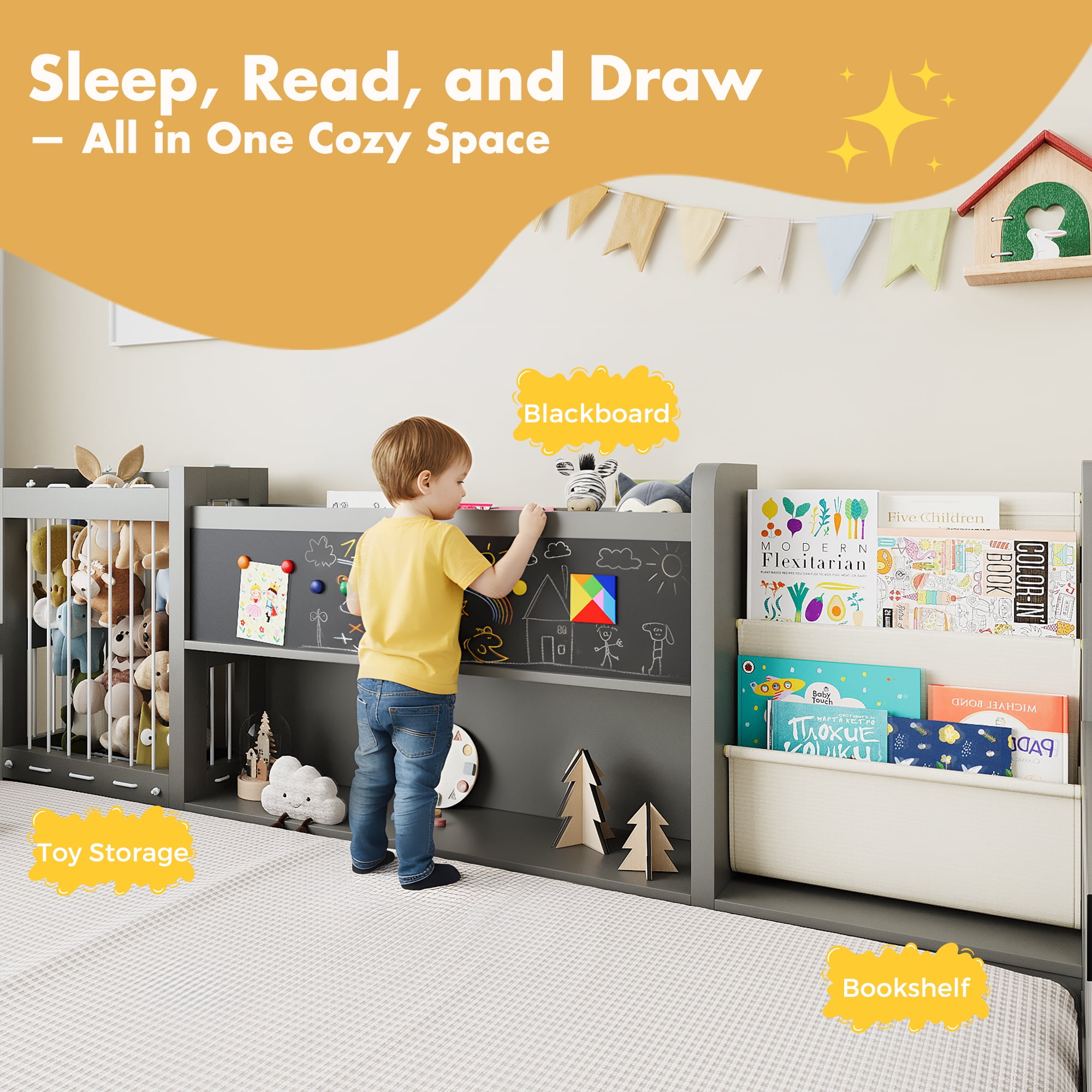 Advwin Full Floor Bed with  Gate, Safety Rails, Blackboard, Bookshelf & Toy Storage, Sturdy Wooden Platform Bed Frame, Gray