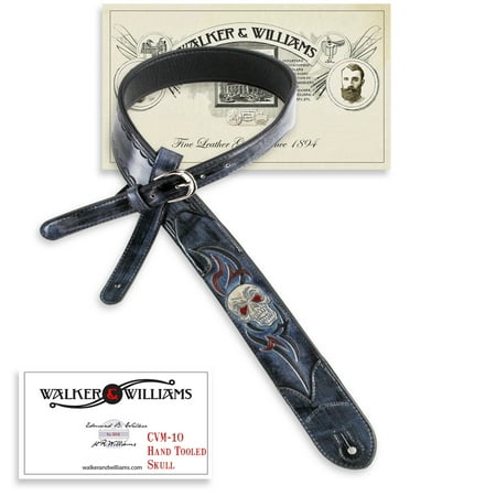 Hand Tooled Black Leather - Walker & WilliamsCVM-10 Black Leather Guitar Strap with Hand Tooled Skull and Texas Star Design