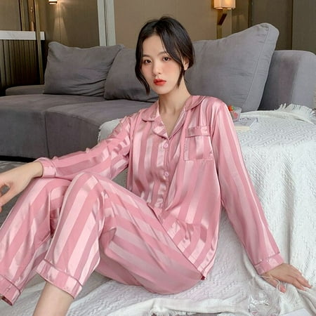 

PIKADINGNIS Spring Summer 2PCS Pink Women Pajamas Set Soft Button Rayon Pyjamas Sleepwear Nightwear Full Sleeve Shirt&Pant Silk 4XL HomeWear