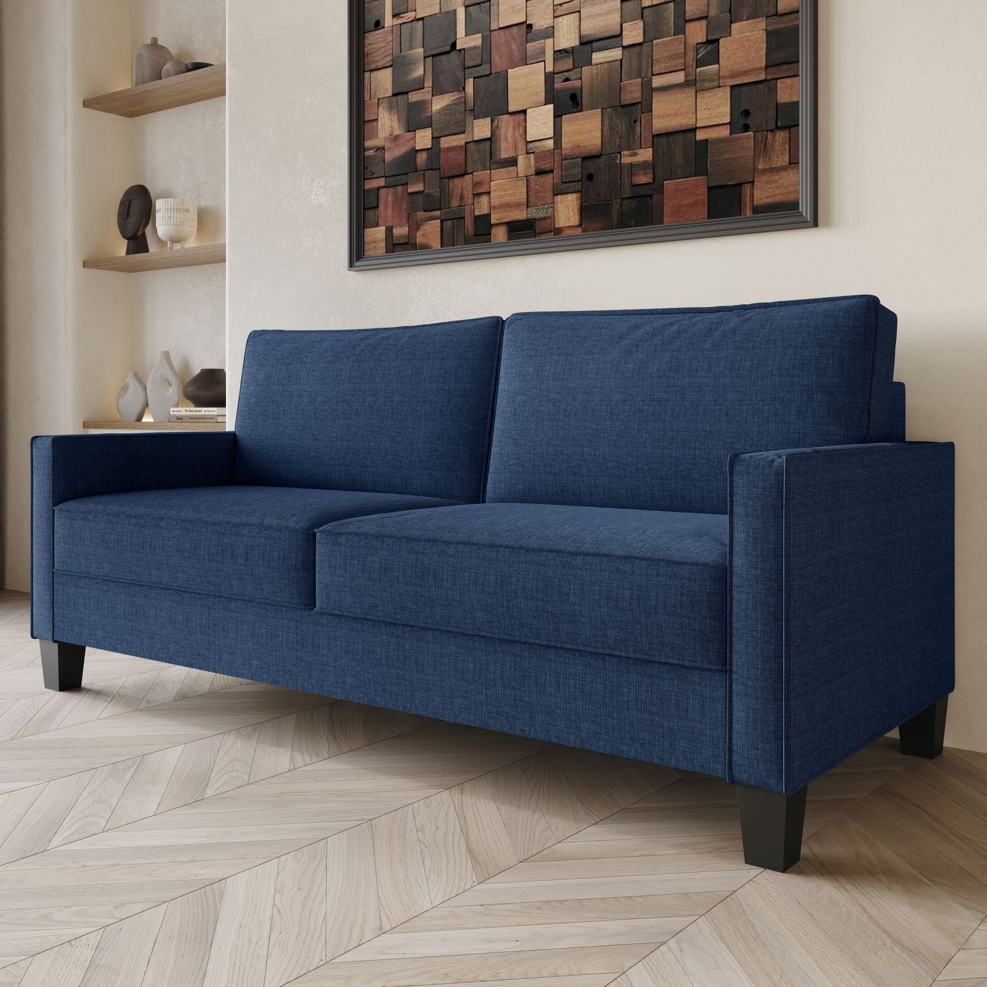 Home Design Marcia Square Arm Sofa with Padded Back and Seat, Modern Upholstery, Black Legs, Comfortable Living Room Seating, Blue
