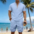 thumbnail image 2 of Men's 2 Pieces Linen Set Lace up Henley Shirt Short Sleeve and Medieval Viking Pirate Shorts Summer Beach Yoga Matching Outfits Big and Tall Size S-3XL Light Blue, 2 of 9