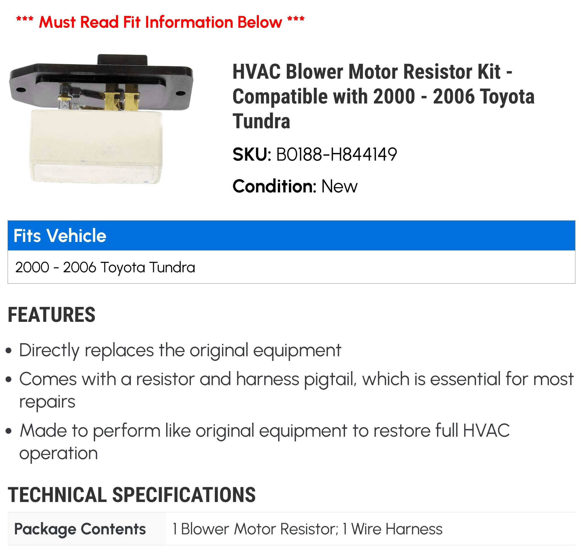 HVAC Blower Motor Resistor Kit - Compatible with 2000 - 2006 Toyota Tundra 2001 2002 2003 2004 2005