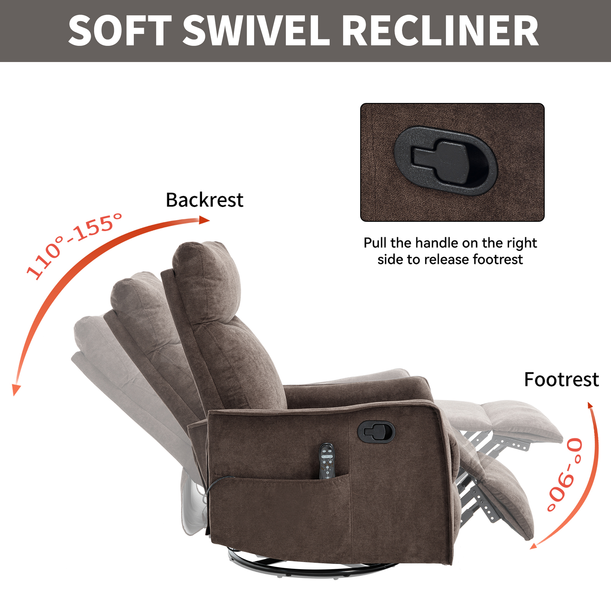 Leumius Recliner Chair with Massage and Heat,360° Manual Swivel Rocker Chair for Adults,Upholstered Fabric Glider Recliner Nursery Chair with Side Pockets for Living Room,Brown