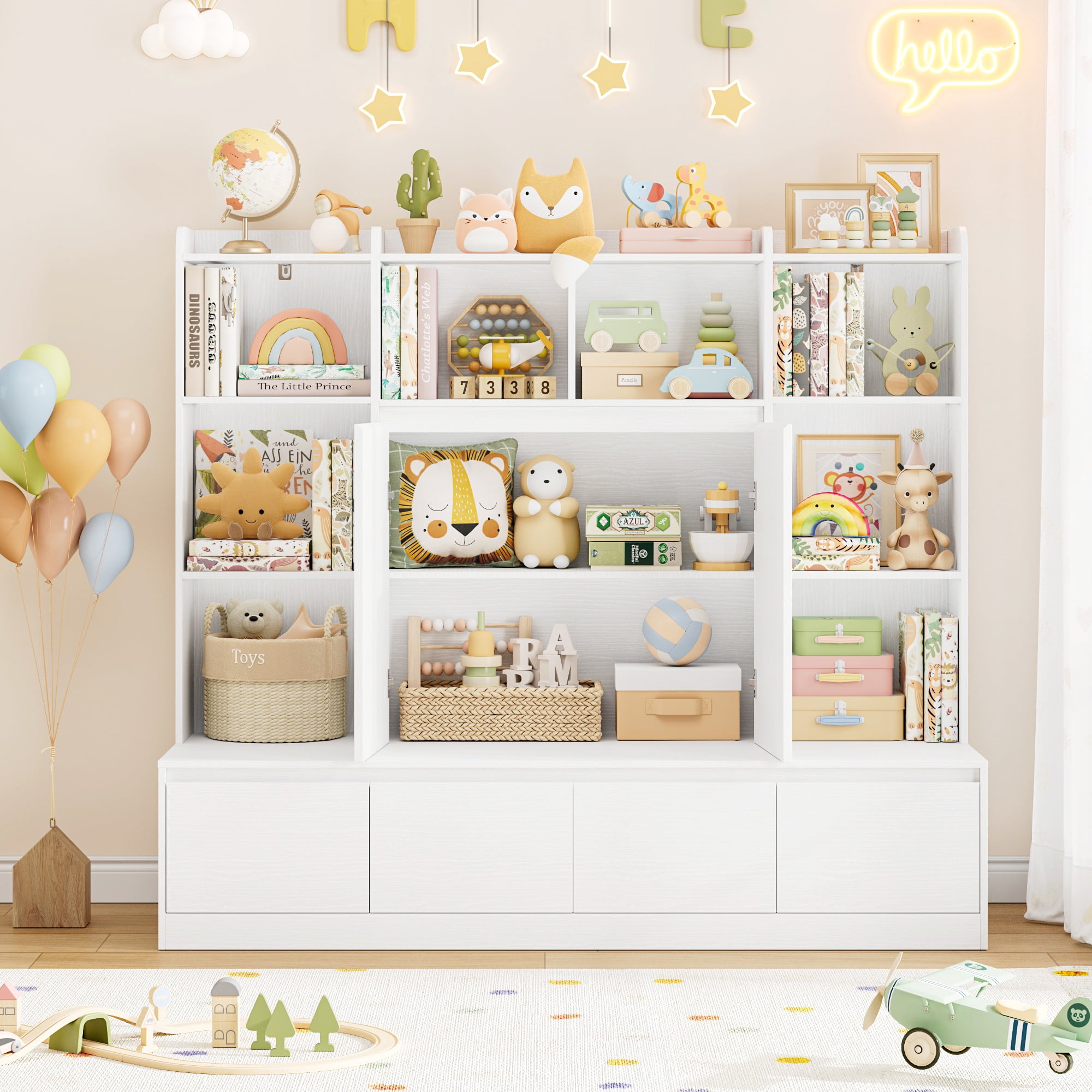 Homfa 10 Cubes Kids Toy Storage Organizer, 4 Drawers Kids Bookcase and Bookshelf with Doors & Adjustable Shelves for Playroom Kids Room, White